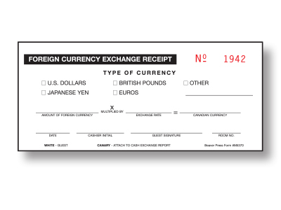 Foreign Currency Exchange Receipt | professionally printed by The New Beaver Press